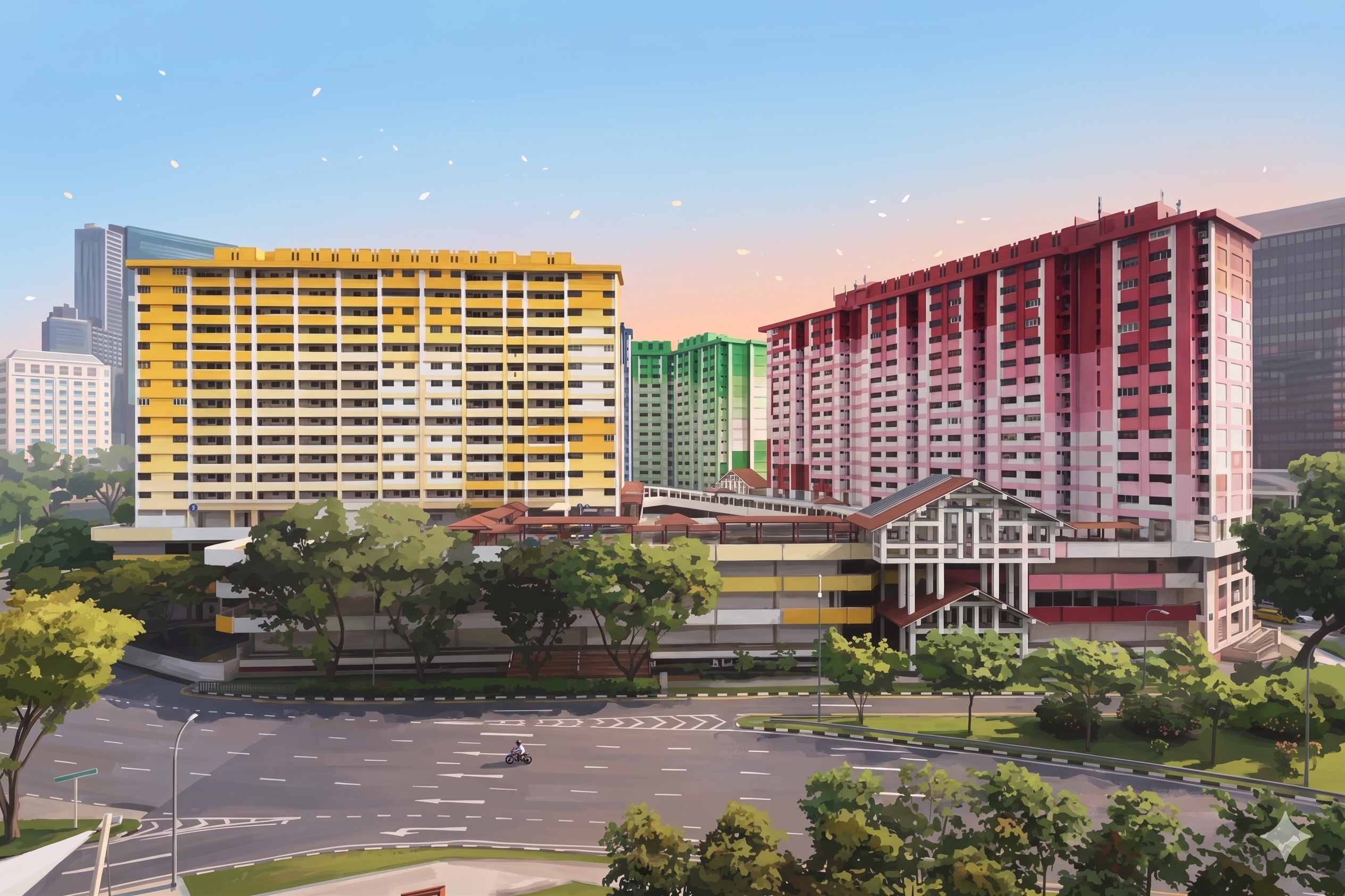 Illustrated Singapore HDB neighbourhood at dusk