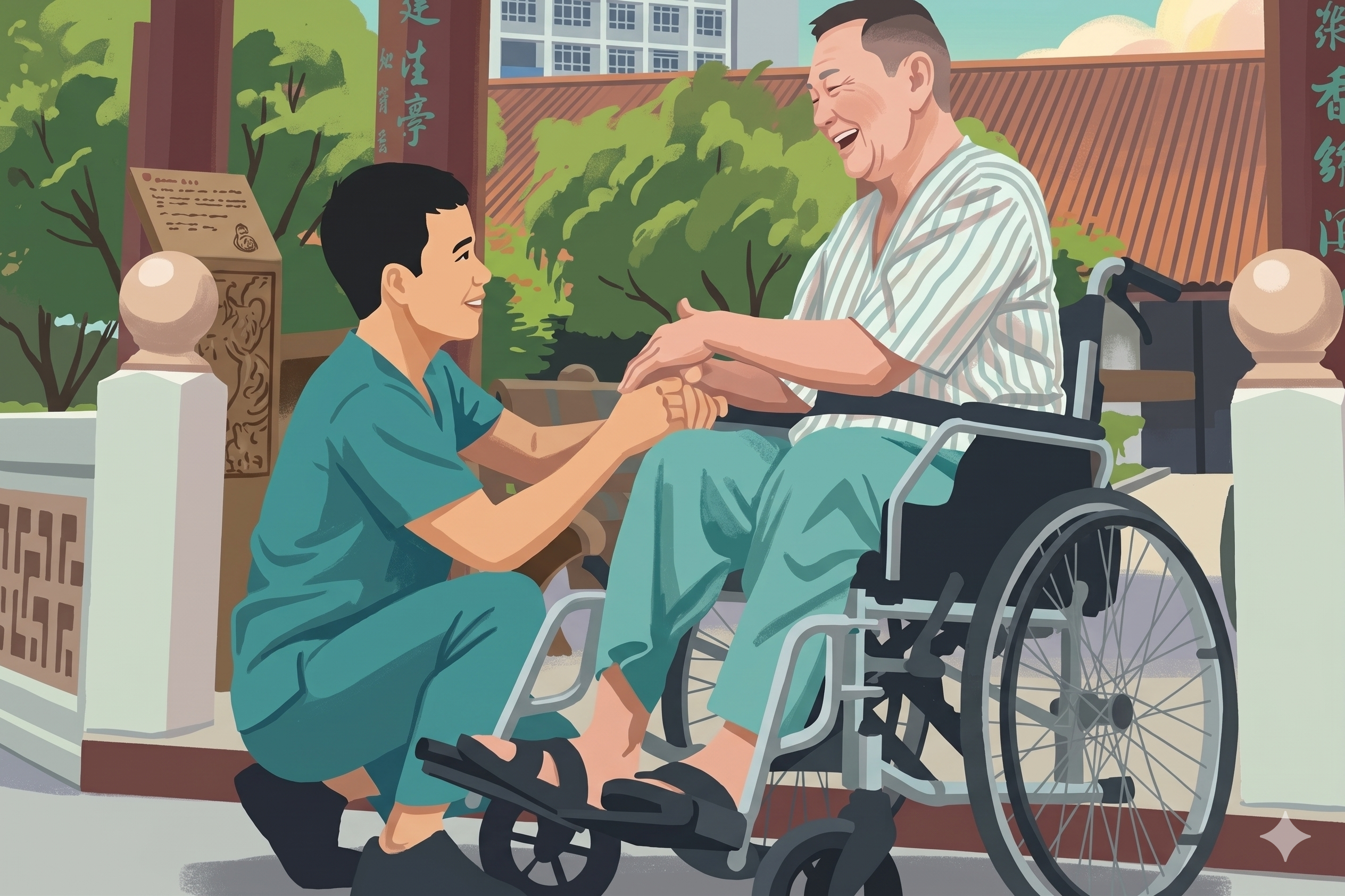 Caregiver with elderly resident in a Singapore care facility